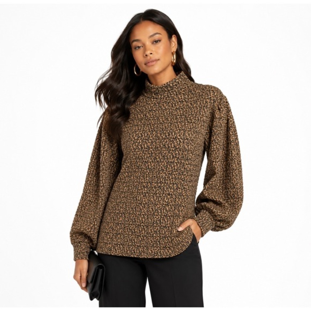 Zara Leopard Animal Print Quilted Mock Neck Balloon Sleeve Top Brown L 68-50